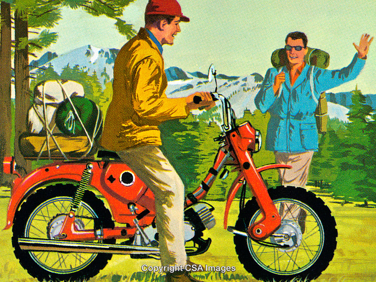 Two Friends Enjoy an Outdoor Adventure Near Mountains with Motorcycle and Backpacks