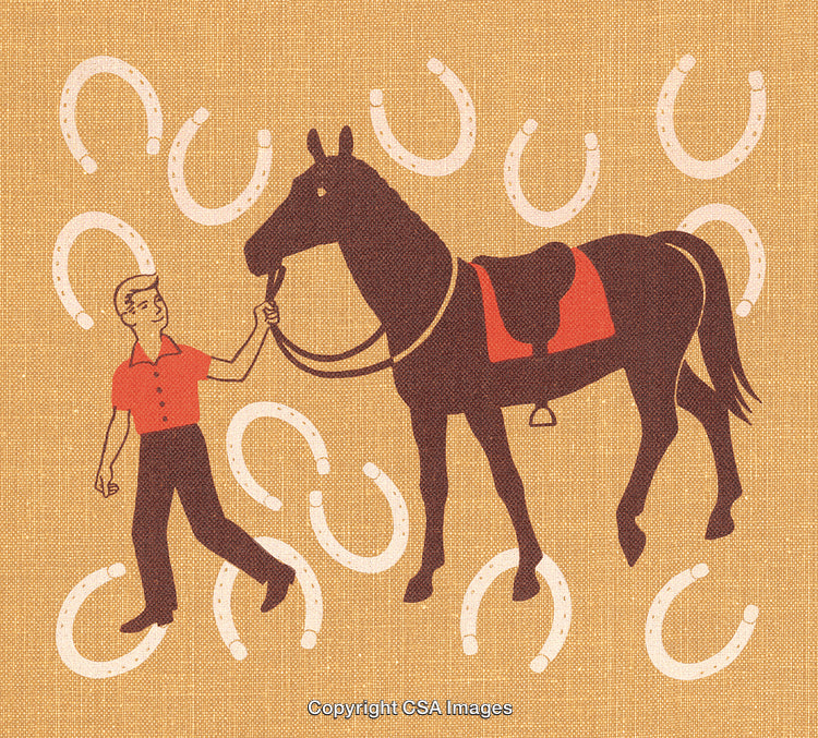 Illustration of a Man Walking a Horse with Decorative Horseshoes