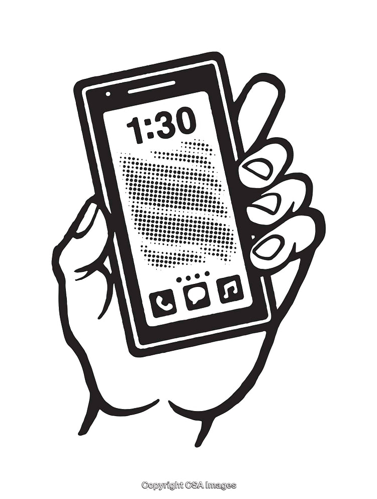 Hand Holding Smartphone with Notification Icons in Black and White Line Art
