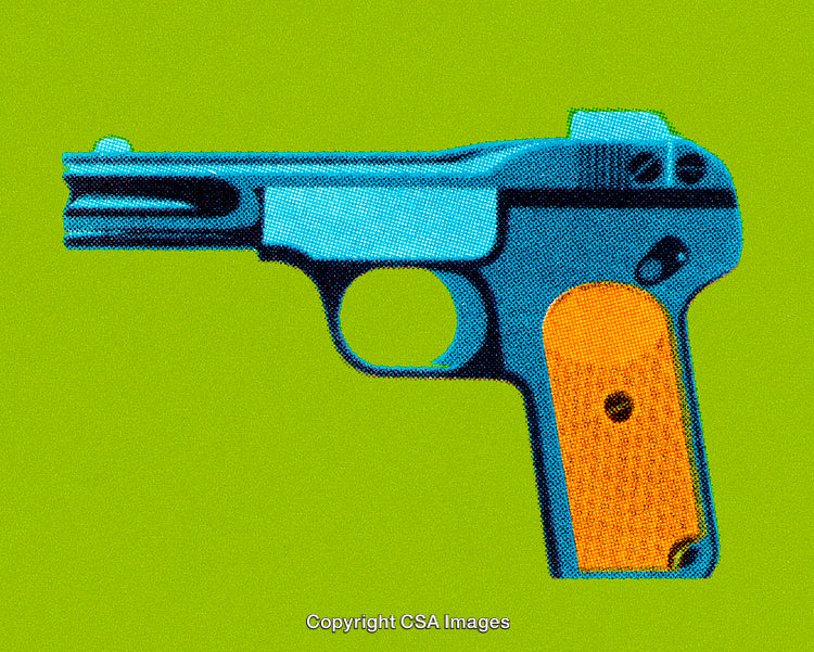 Pop Art Style Illustration of a Blue Handgun on Yellow-Green Background