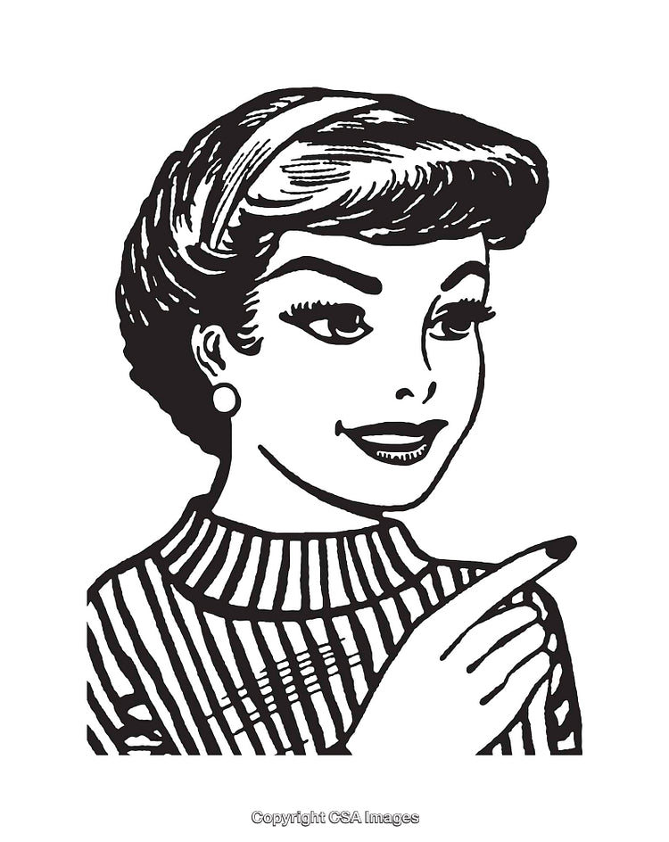 Retro Black and White Illustration of a Smiling Woman Pointing