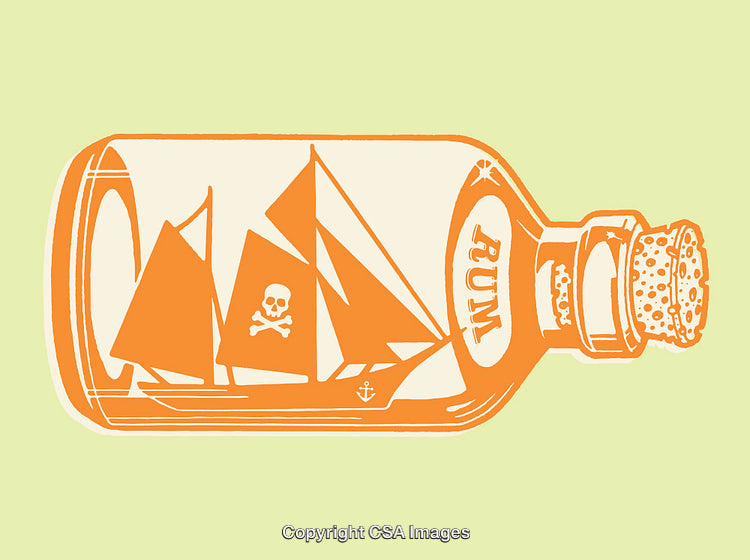 Stylized Pirate Ship Illustration Within a Rum Bottle on Light Background