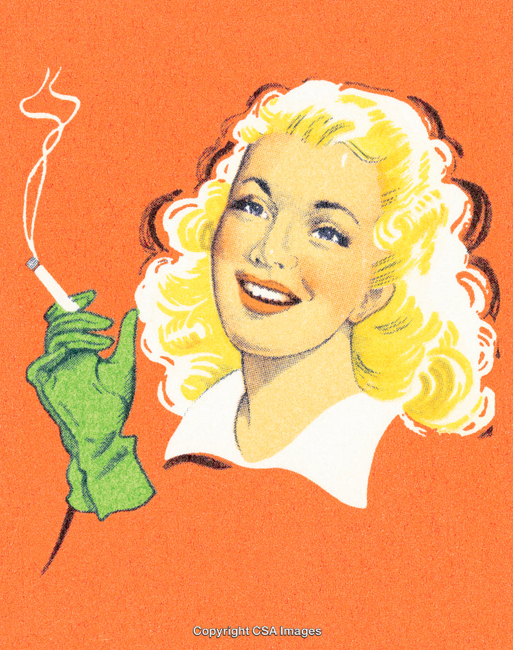Vintage Illustration of a Smiling Woman Holding a Cigarette with Style