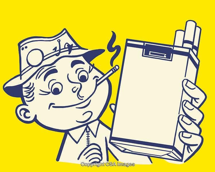 Retro Style Illustration of Smiling Character Holding a Cigarette Pack