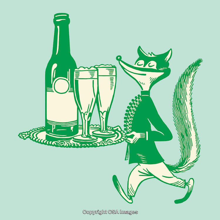 Whimsical Illustration of Fox Serving Champagne on a Tray in Green Tones