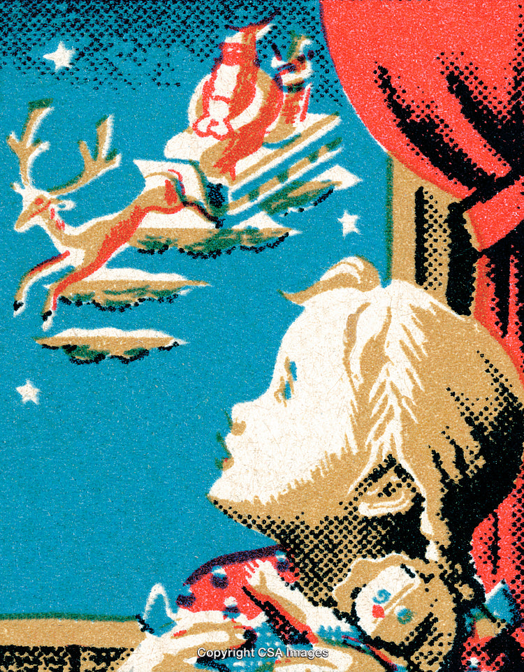 Child Gazing at Santa Claus and Sleigh in Starry Sky Illustration