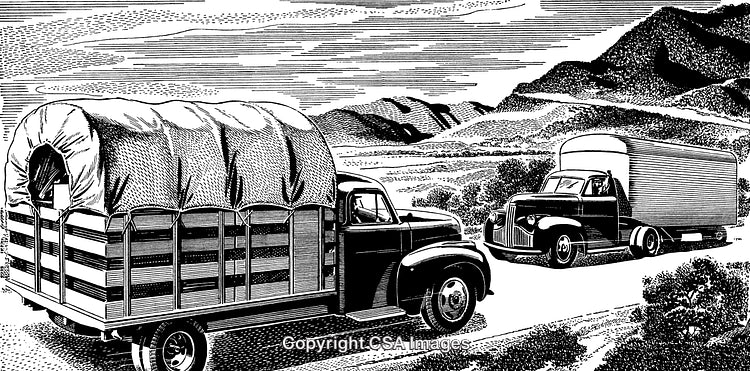 Vintage Trucks on Country Road in Detailed Black and White Engraving