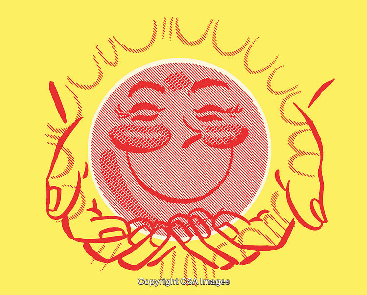 Line Art Illustration of a Smiling Face Surrounded by Hands