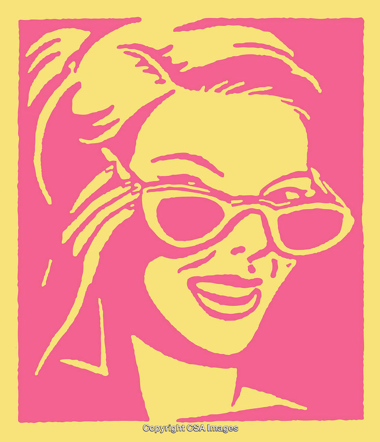 Retro Style Pop Art Portrait of Smiling Woman Wearing Sunglasses