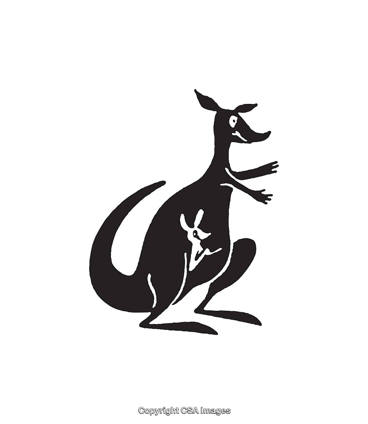 Black and White Kangaroo Illustration with a Joey in Its Pouch