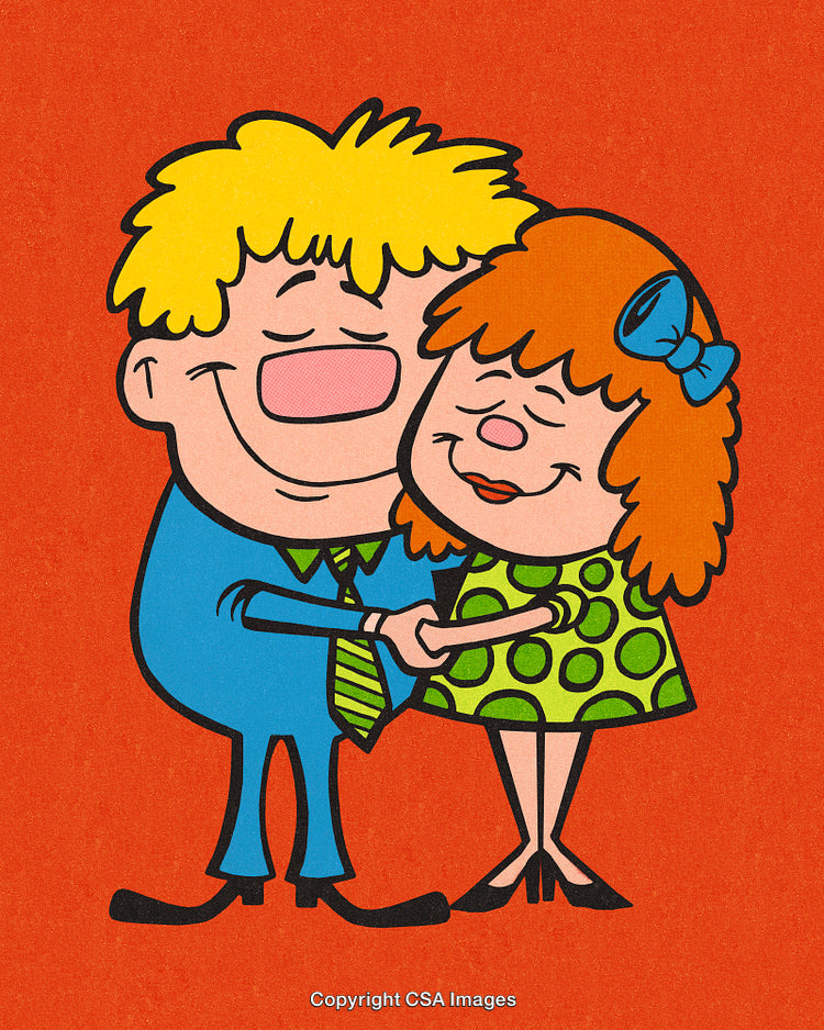 Charming Cartoon Couple Hugging on Vibrant Orange Background