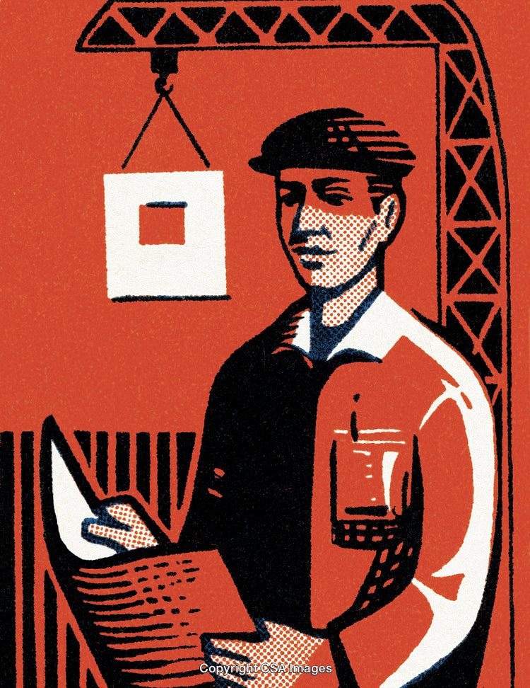 Stylized Illustration of Worker Reading Blueprint With Industrial Crane in Background