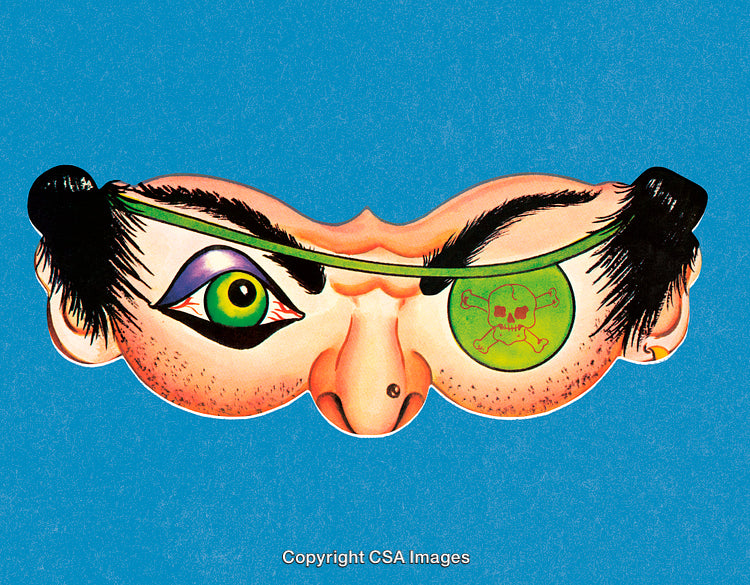 Colorful Pirate Mask Illustration With Skull Eye Patch on Blue Background