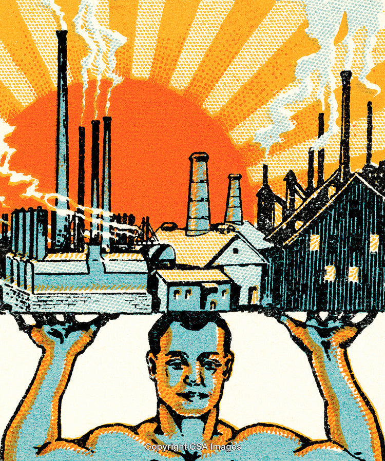 Worker Holding Factories with Radiant Sun in Industrial Art Style