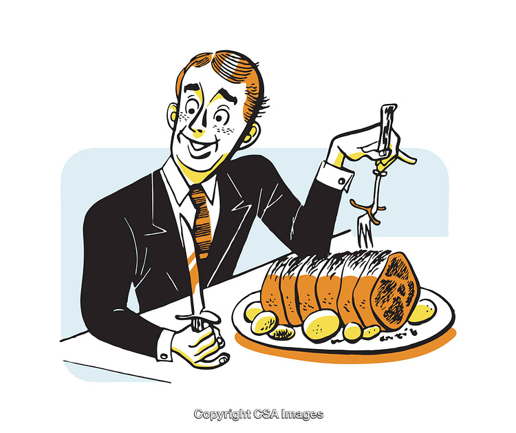 Retro Illustration of a Man Enjoying a Hearty Meal with Steak and Potatoes