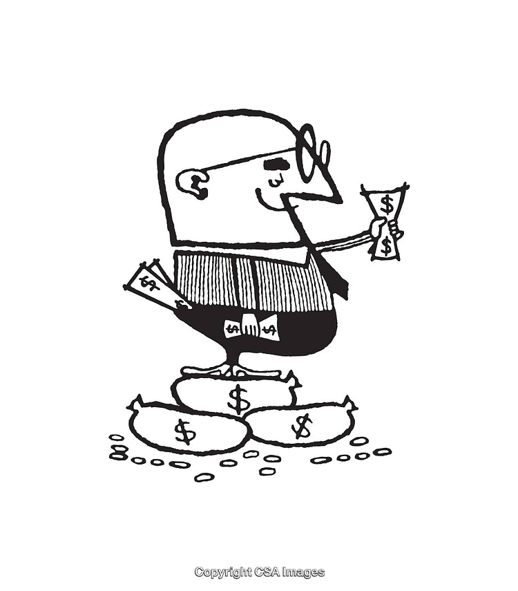 Cartoon Illustration of a Man Managing Money and Financial Assets