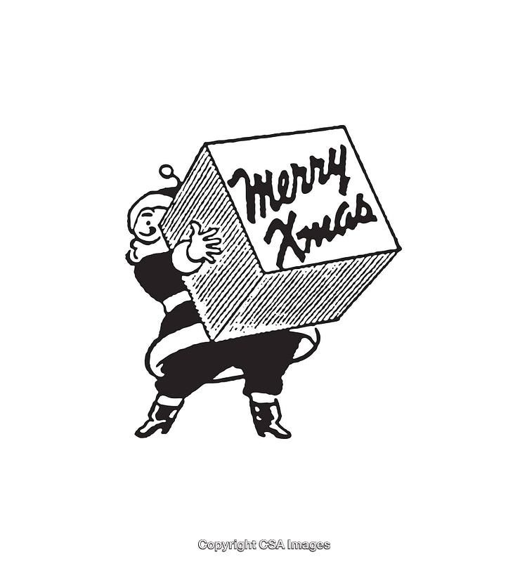 Vintage Merry Christmas Illustration Featuring Santa Holding a Festive Box