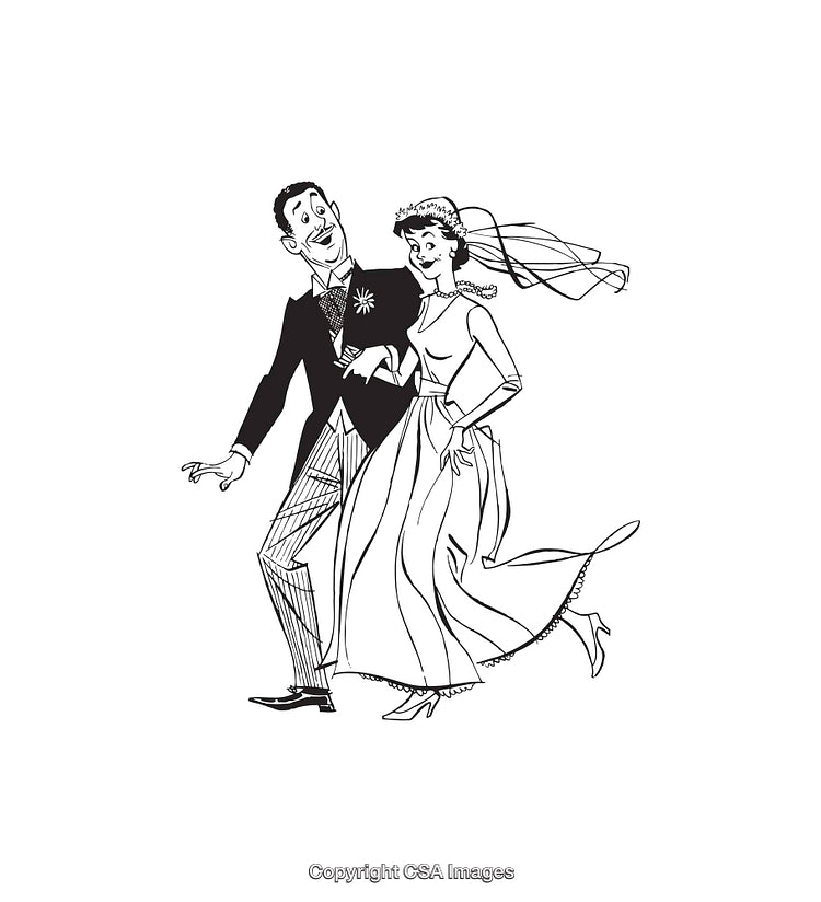 Retro Black and White Illustration of a Joyful Bride and Groom