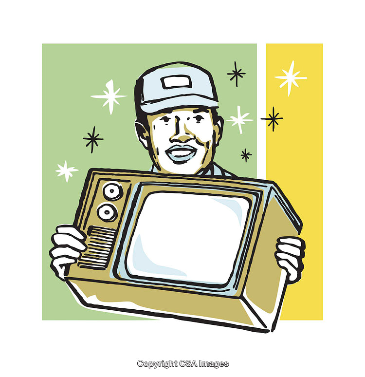 Retro Illustration of a Man Holding a Vintage Television Set