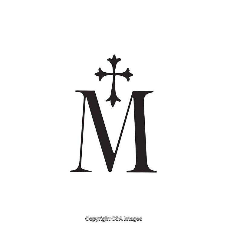 Elegant Monogram Letter M with Cross Symbol on White Background