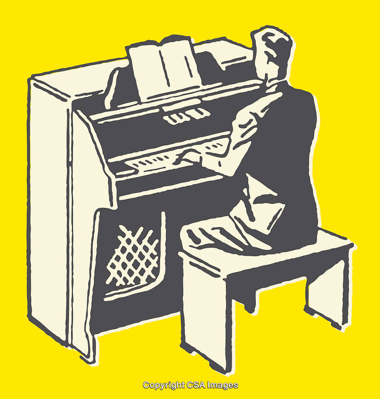 Vintage Style Illustration of a Piano Player Sitting at the Instrument Bench