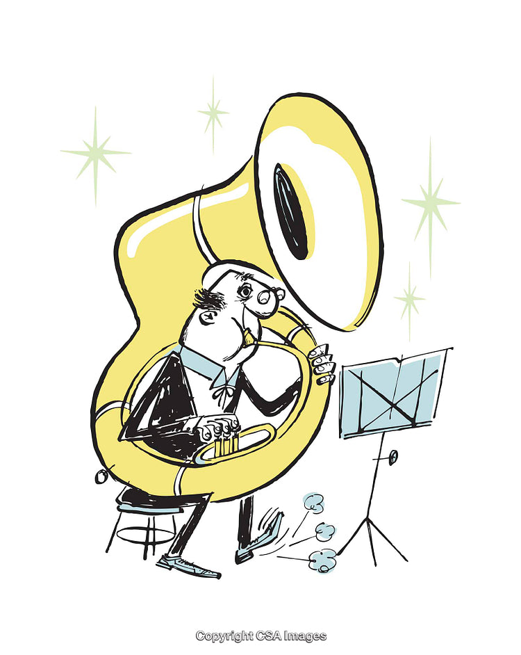 Whimsical Illustration of a Musician Playing a Large Tuba on Stage