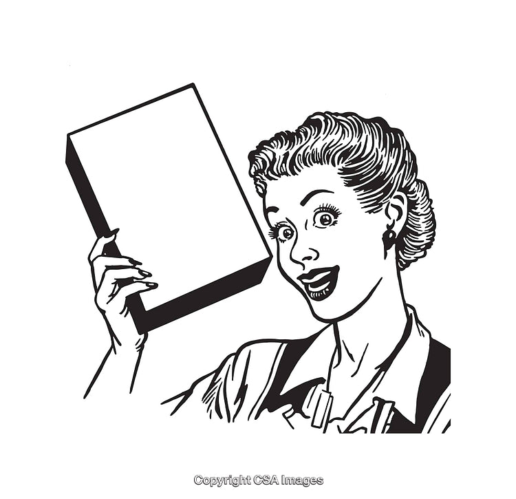 Retro Styled Black and White Illustration of a Smiling Woman Holding a Box
