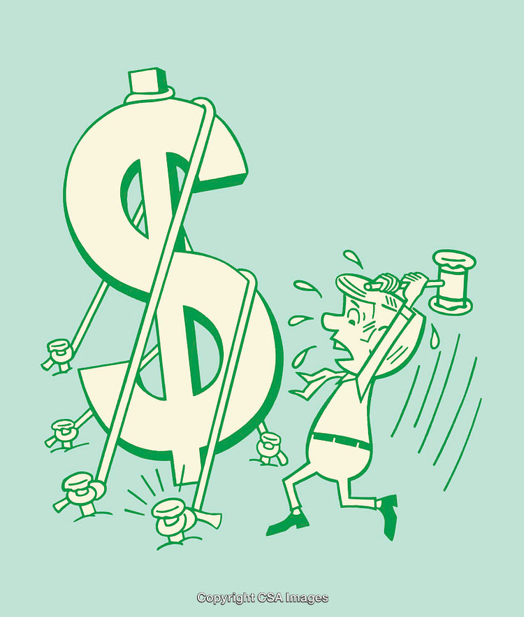 Man Struggling With Dollar Symbol Supported by Clamps in Green Line Art