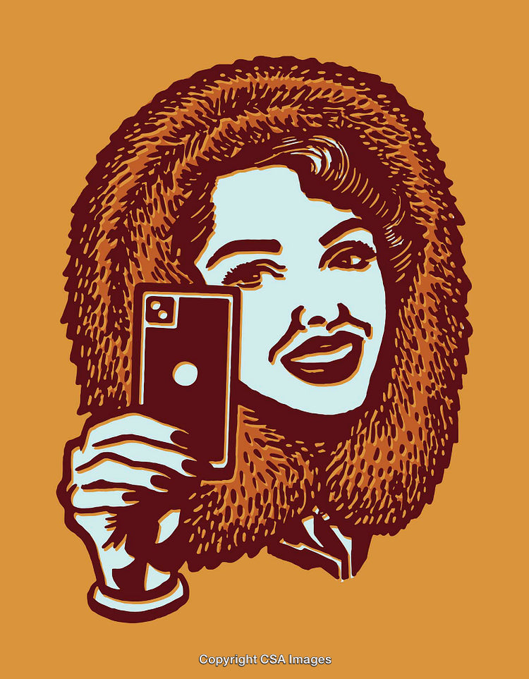 Retro Illustration of Woman Taking Selfie with Smartphone in Fur Attire