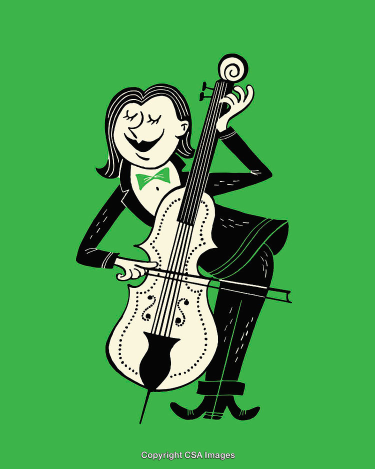 Playful Illustration of Cellist Performing on Bright Green Background