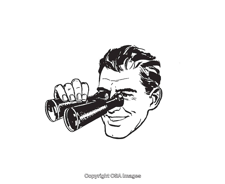 Vintage Black and White Illustration of a Man Using Binoculars