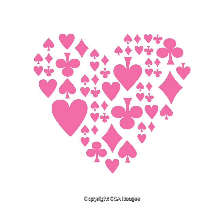 Pink Playing Card Symbols Arranged in a Heart Shape Design