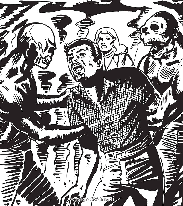 Vintage Illustration Featuring Menacing Figures Confronting a Startled Man and a Woman