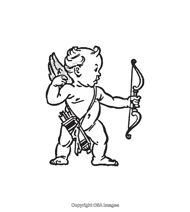 Black and White Illustration of Cupid with Bow and Quiver of Arrows