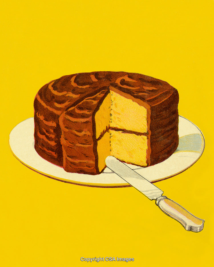 Classic Chocolate Cake with a Slice Cut and Knife on a Plate