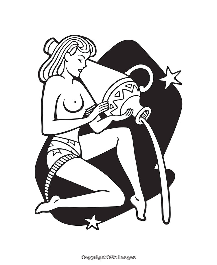 Black-and-White Line Art of Aquarius Zodiac Woman Holding Water Jar