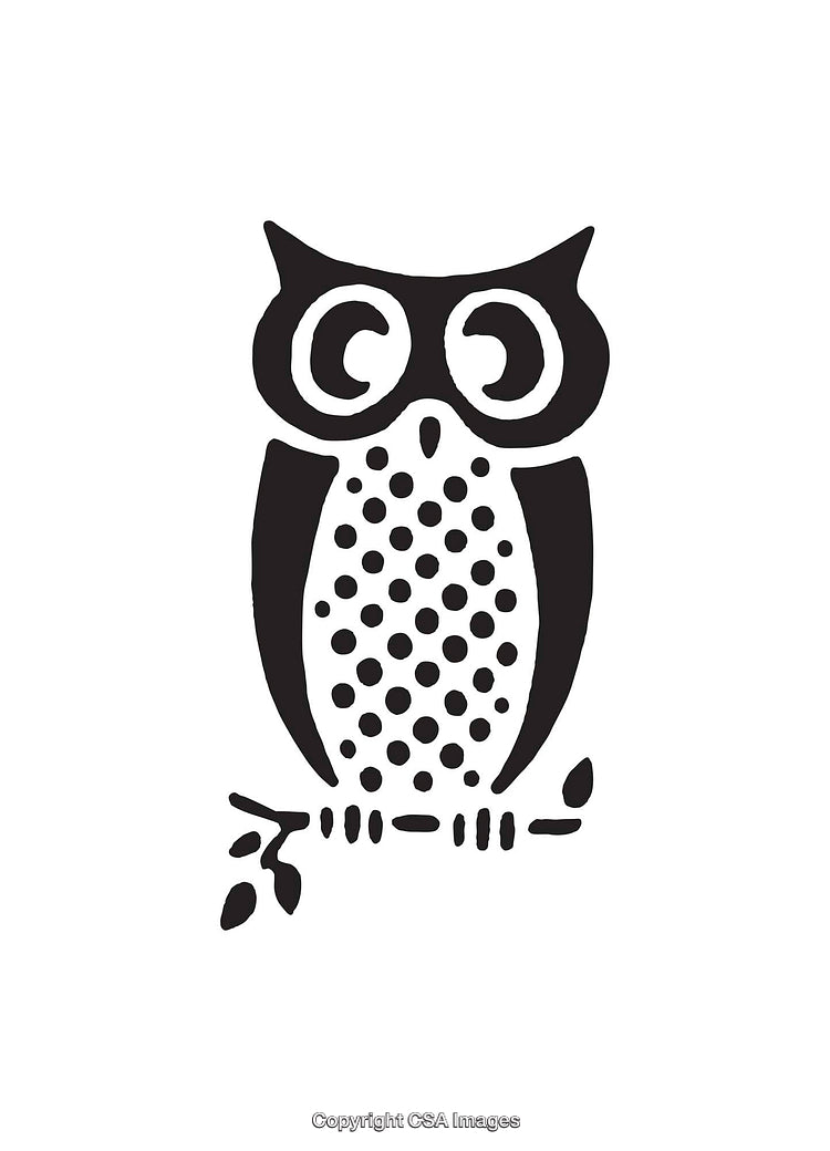Stylized Black and White Owl Illustration with Polka Dot Accents