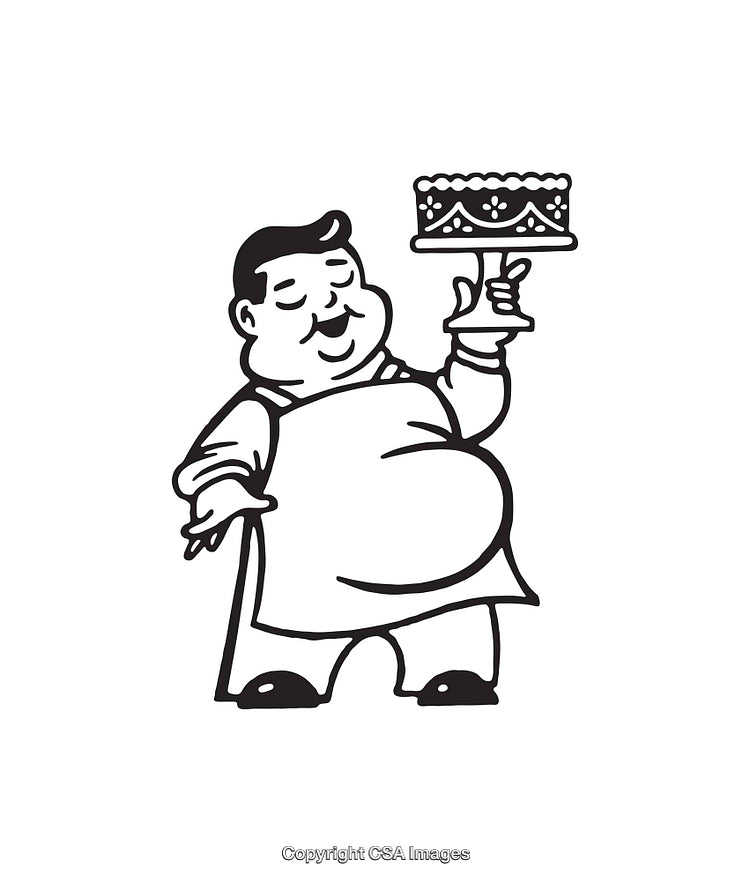 Black and White Line Art of a Cheerful Chef Holding a Decorated Cake