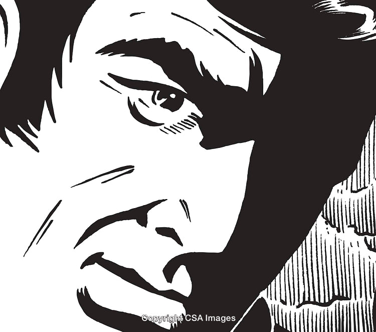 Monochromatic Illustration of a Man's Pensive Face in Bold Black and White