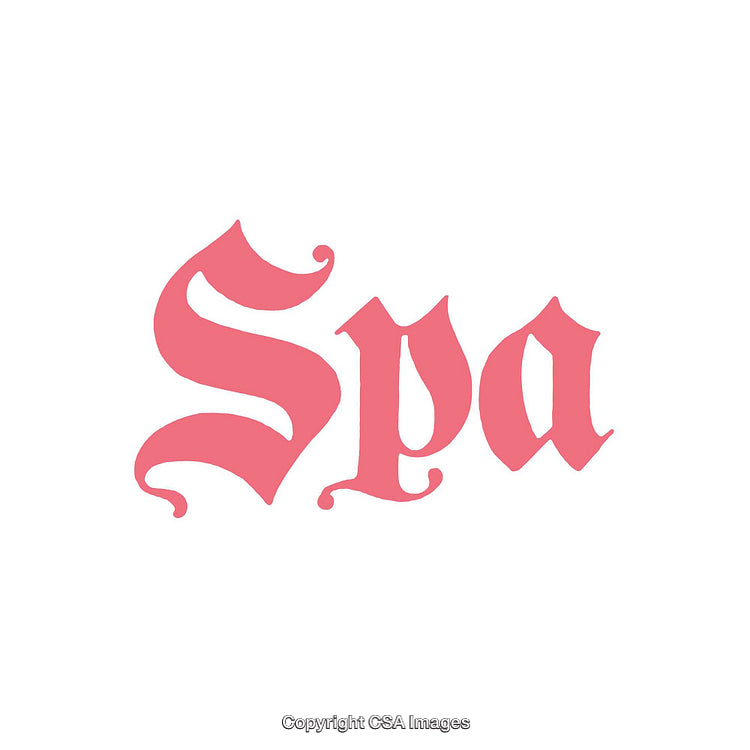 Pink Spa Text in Decorative Old English Font Style on White Background