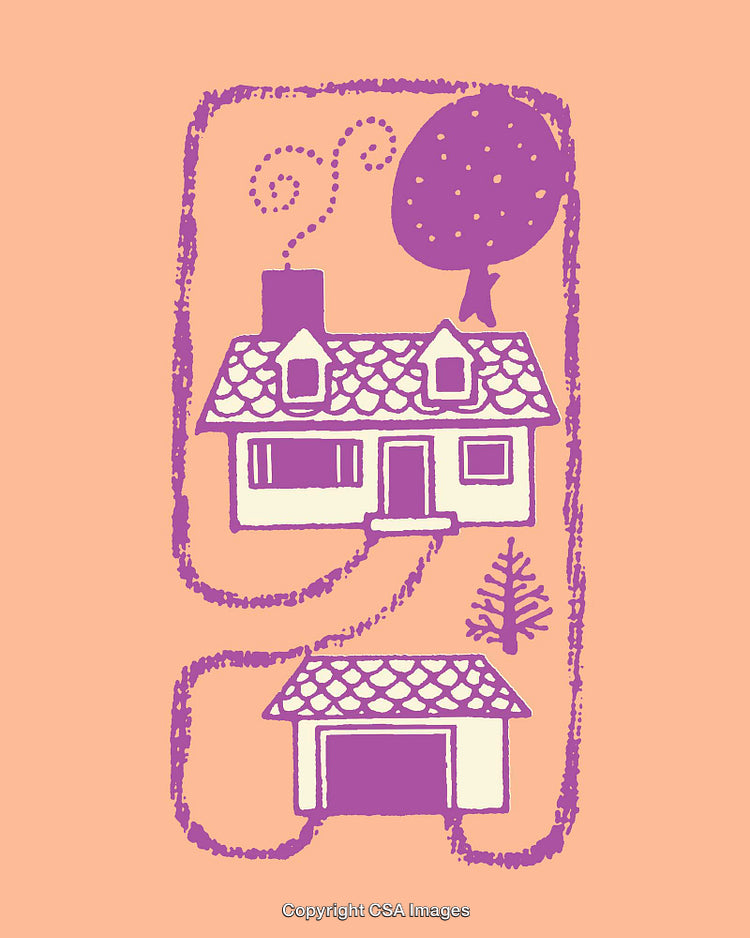 Whimsical Purple House and Garage Illustration on Peach Background
