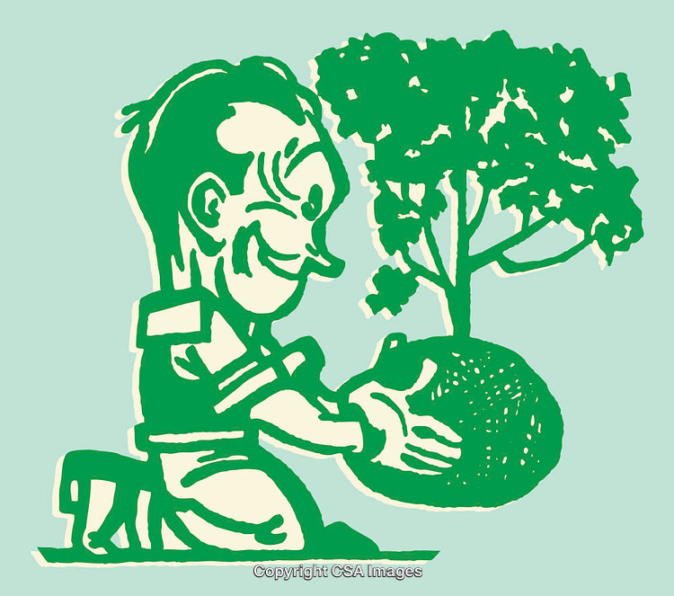 Colorful Line Art Illustration of Man Caring for Tree
