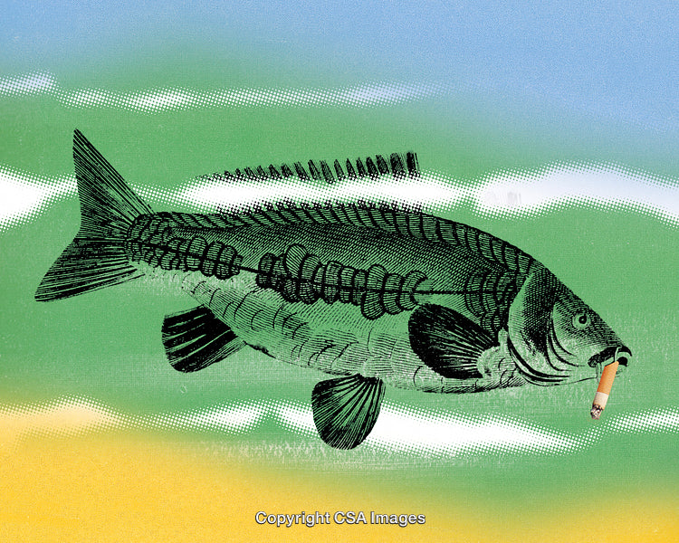 Retro Illustration of a Fish Holding a Cigarette in a Whimsical Scene