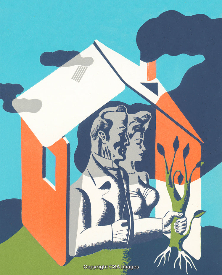 Illustration of a Couple in a House Holding a Growing Plant