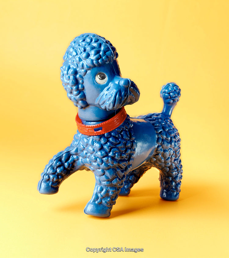 Colorful Blue Poodle Figurine with Red Collar on Yellow Background