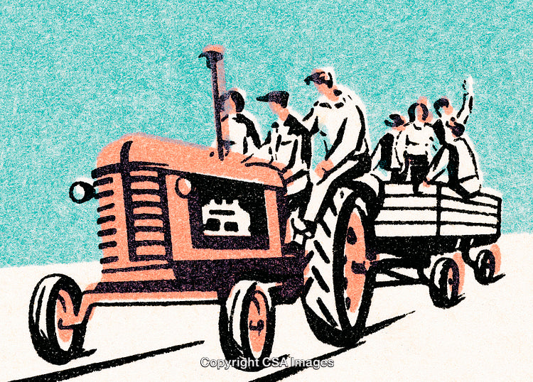 Farmers Enjoying a Tractor Ride in a Rustic Countryside Setting