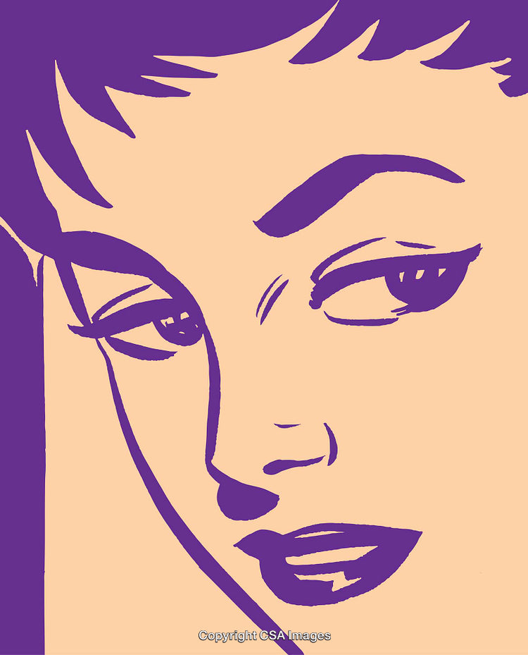 Stylized Retro Illustration of a Woman's Face in Purple and Beige Tones