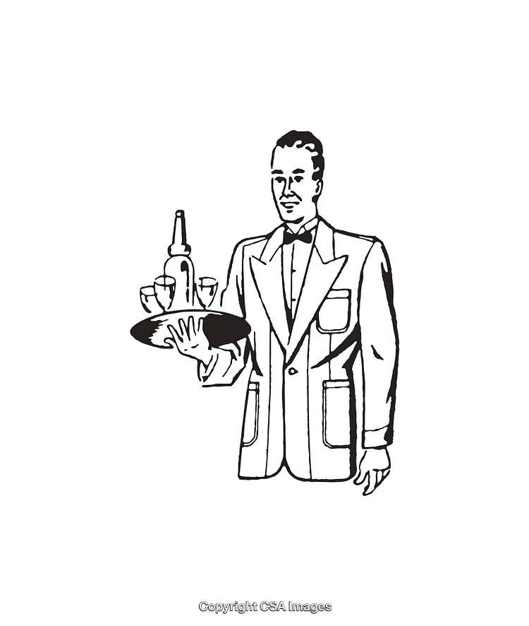 Black and White Illustration of a Waiter Serving Drinks with a Tray
