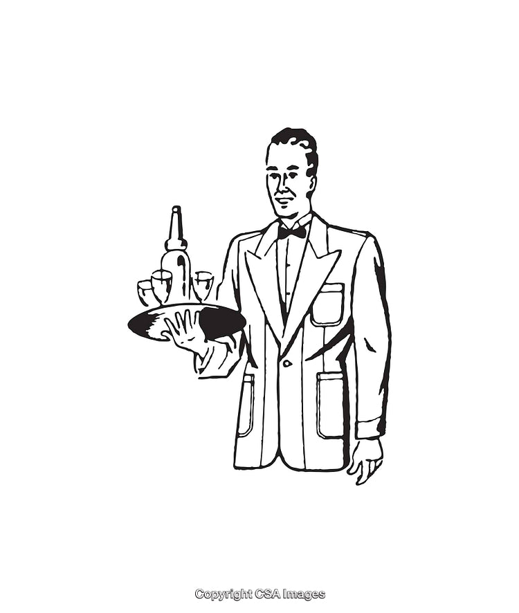 Black and White Illustration of a Waiter Serving Drinks with a Tray
