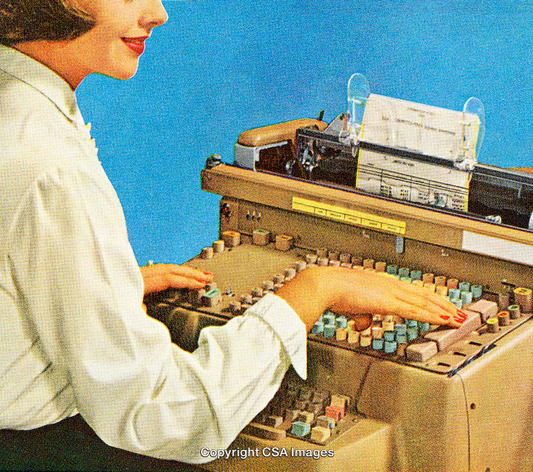 Retro Office Scene Featuring Vintage Keypunch Machine and Hand Typing